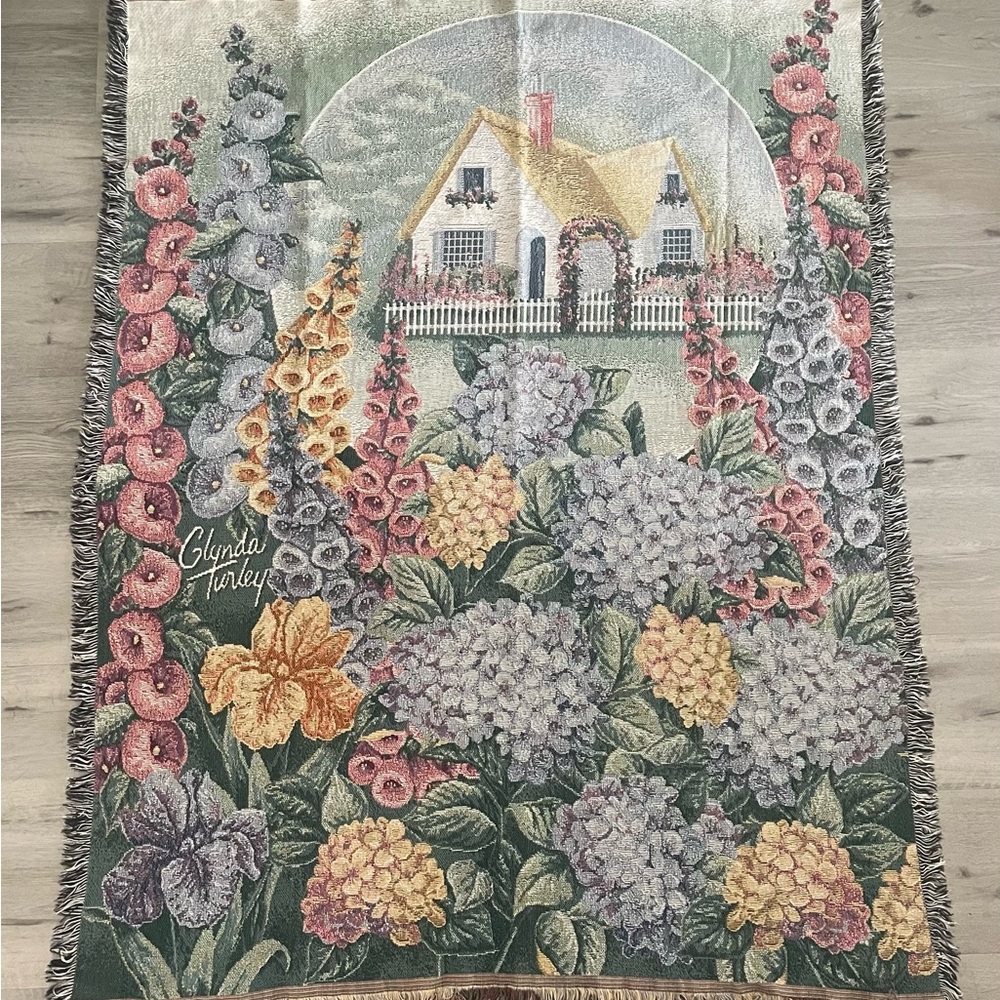 VTG Glynda Turley Blue Hydrangeas Cottage Tapestry Throw Blanket Cottagecore 90s